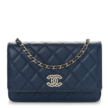 Chanel Caviar Quilted Crystal CC Wallet On Chain WOC Navy 1 of 9