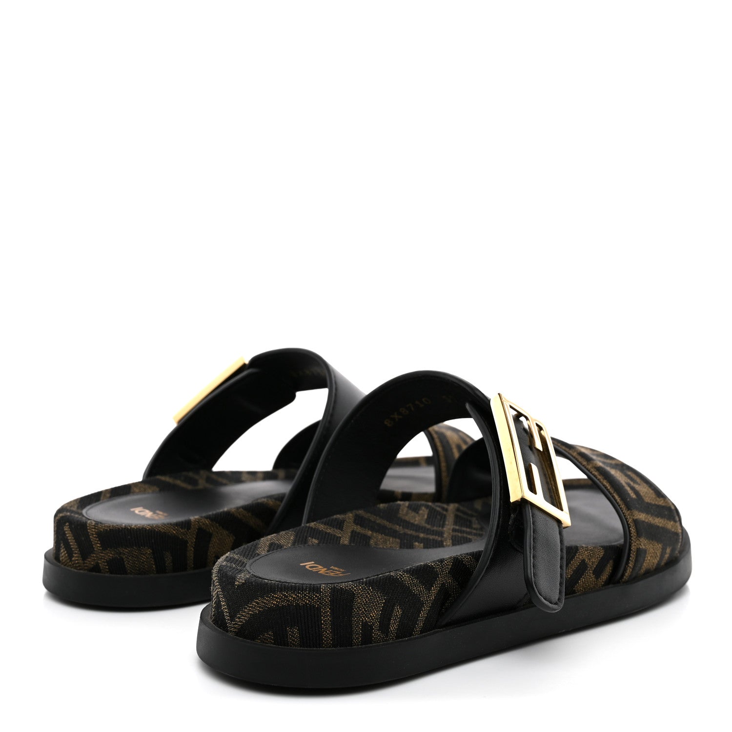 Fendi Fabric Jacquard Nappa FF Womens Fendi Feel Buckled Slide Sandals 37 Tobacco Black 5 of 10