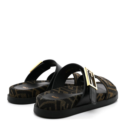 Fendi Fabric Jacquard Nappa FF Womens Fendi Feel Buckled Slide Sandals 37 Tobacco Black 5 of 10