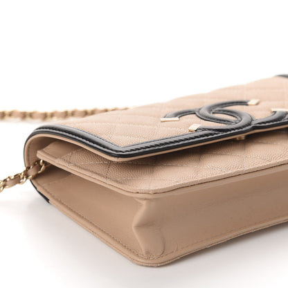 Chanel Caviar Quilted CC Filigree Wallet On Chain WOC Beige Black 6 of 12