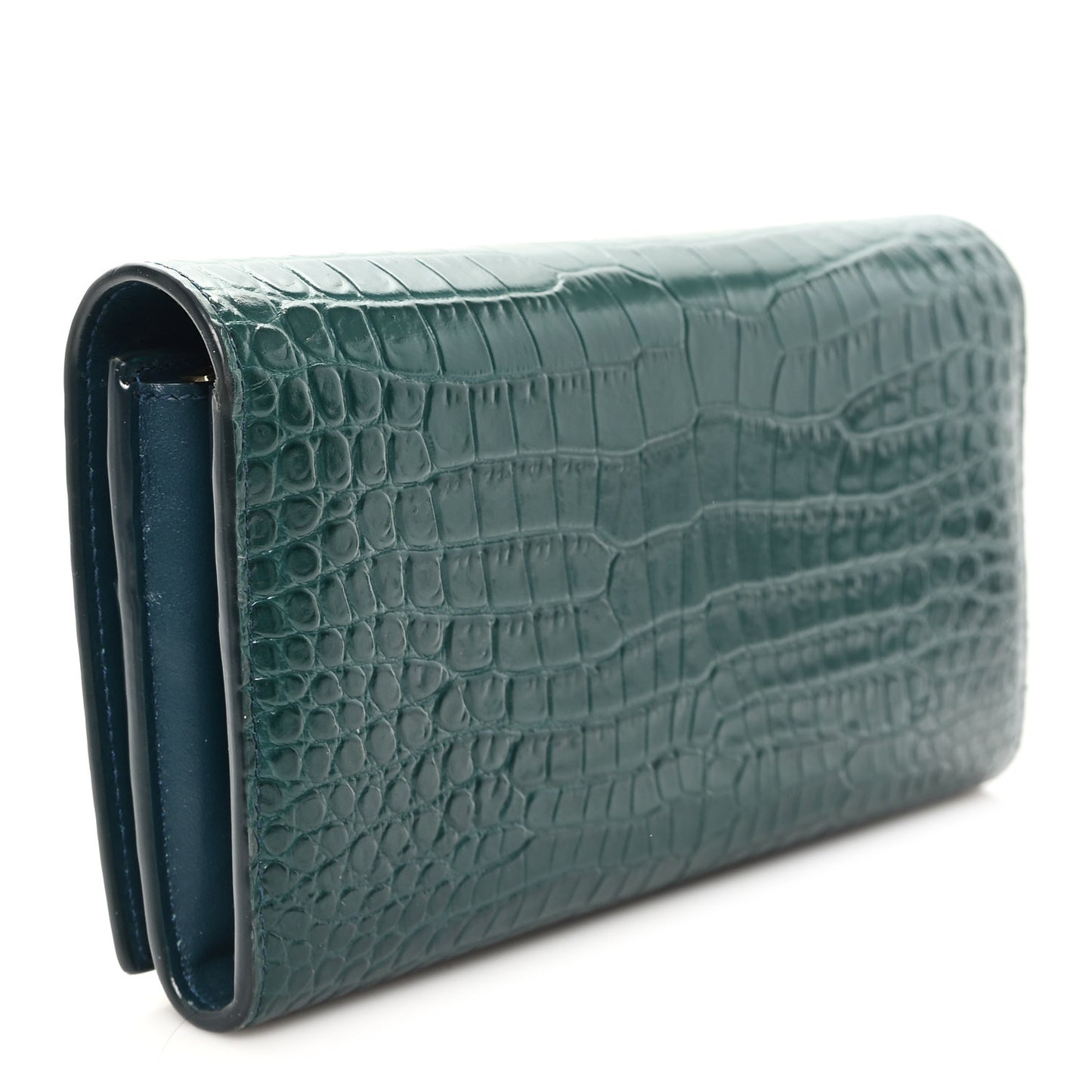 Calfskin Crocodile Embossed Large Monogram Flap Wallet Green