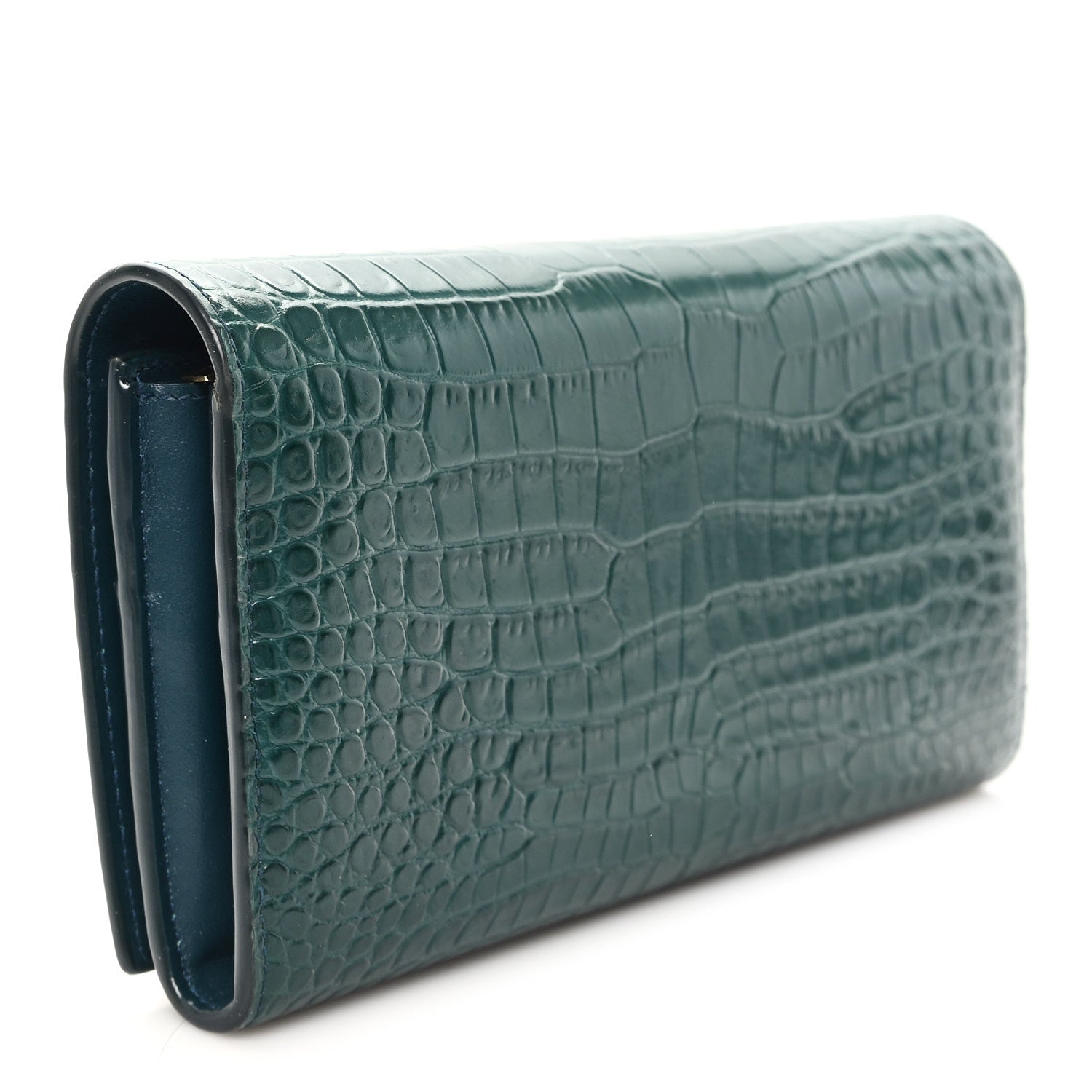 Saint Laurent Calfskin Crocodile Embossed Large Monogram Flap Wallet Green 3 of 7
