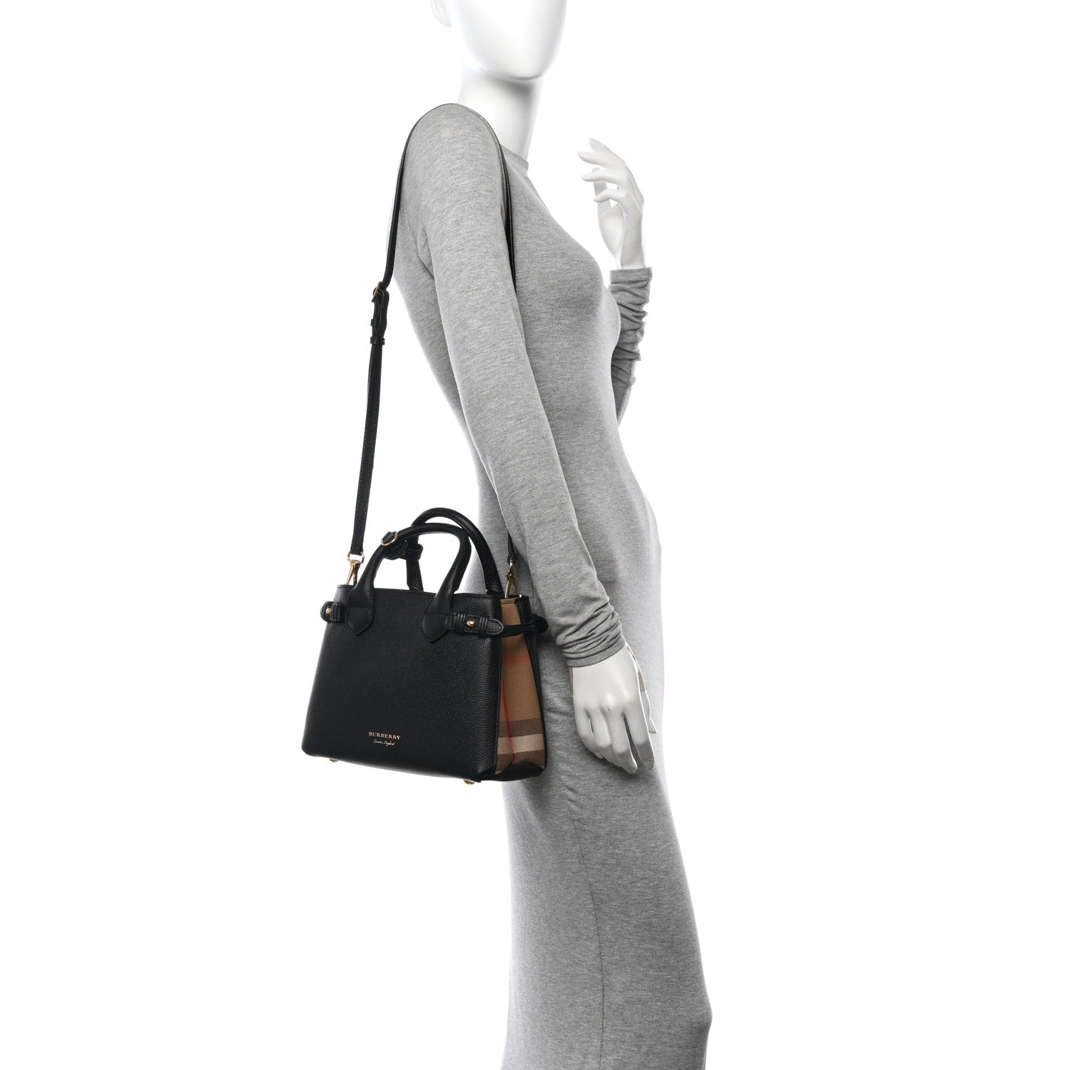 Burberry Grainy Calfskin House Check Small Banner Tote Black 2 of 12