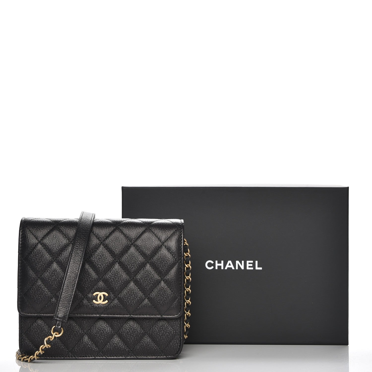 Chanel Letter Calfskin Embossed Quilted Square Wallet On Chain WOC Black 10 of 10