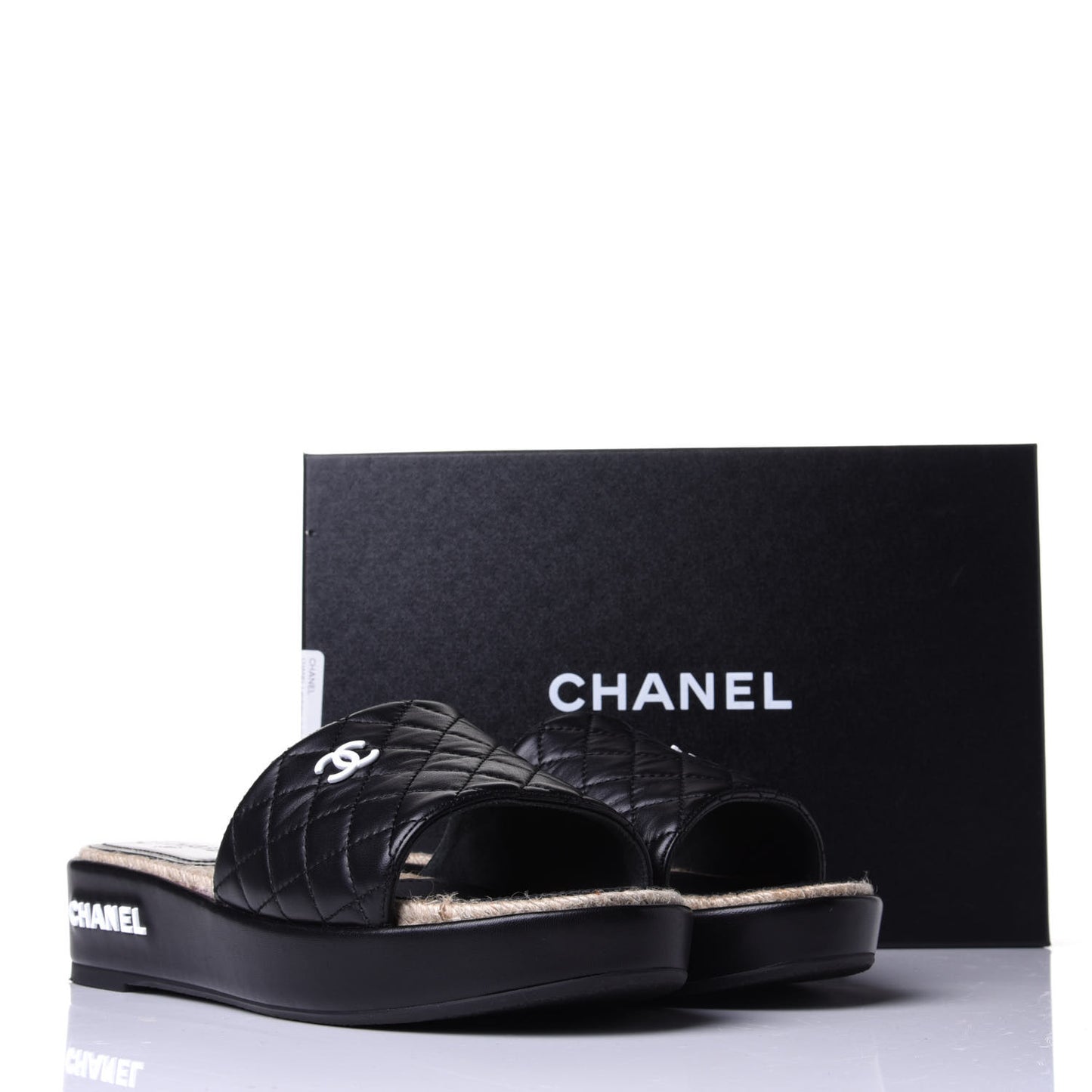 Lambskin Quilted CC Espadrille Slip On Sandals 40 Black