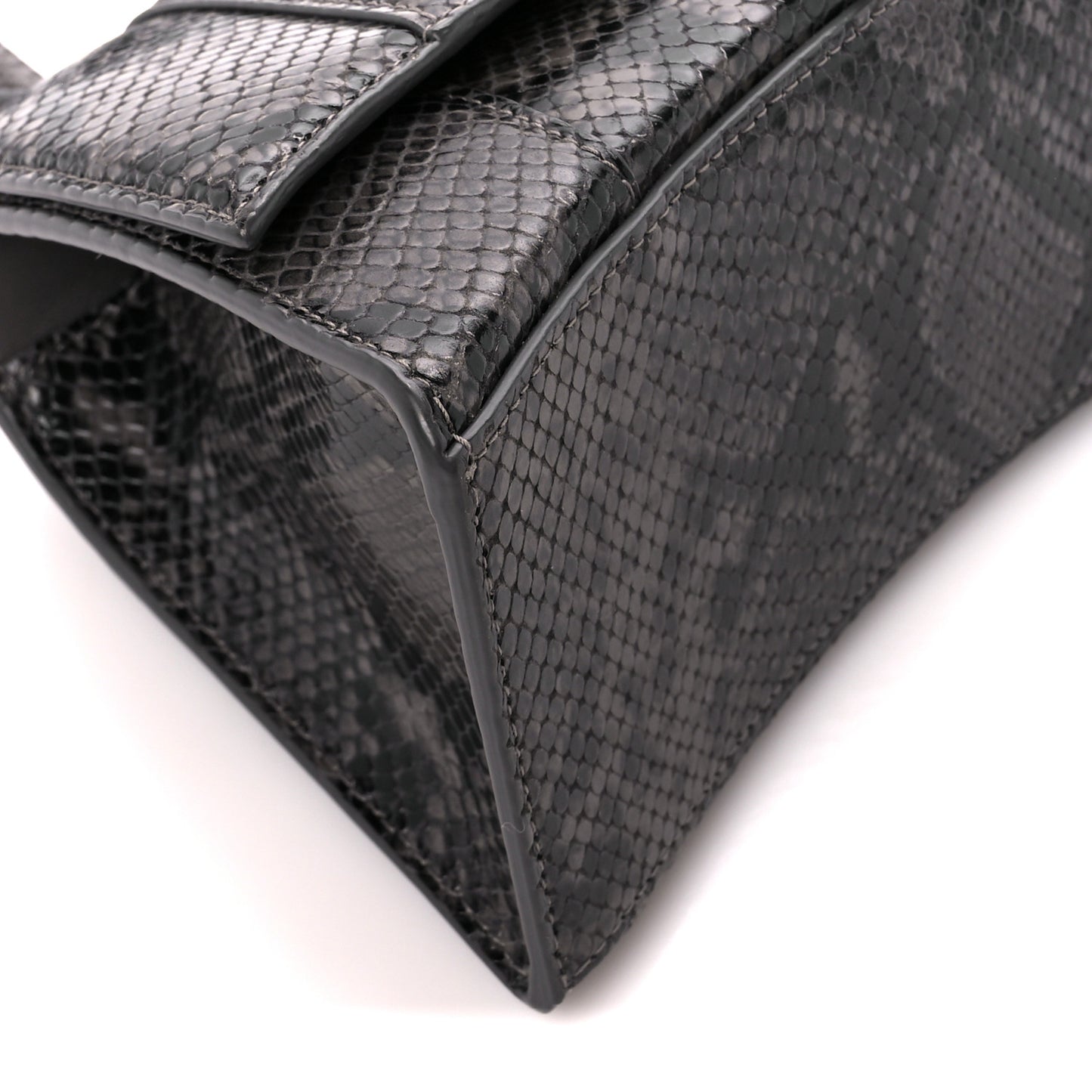 Shiny Calfskin Python Effect Small Hourglass Top Handle Bag Dark Grey Black