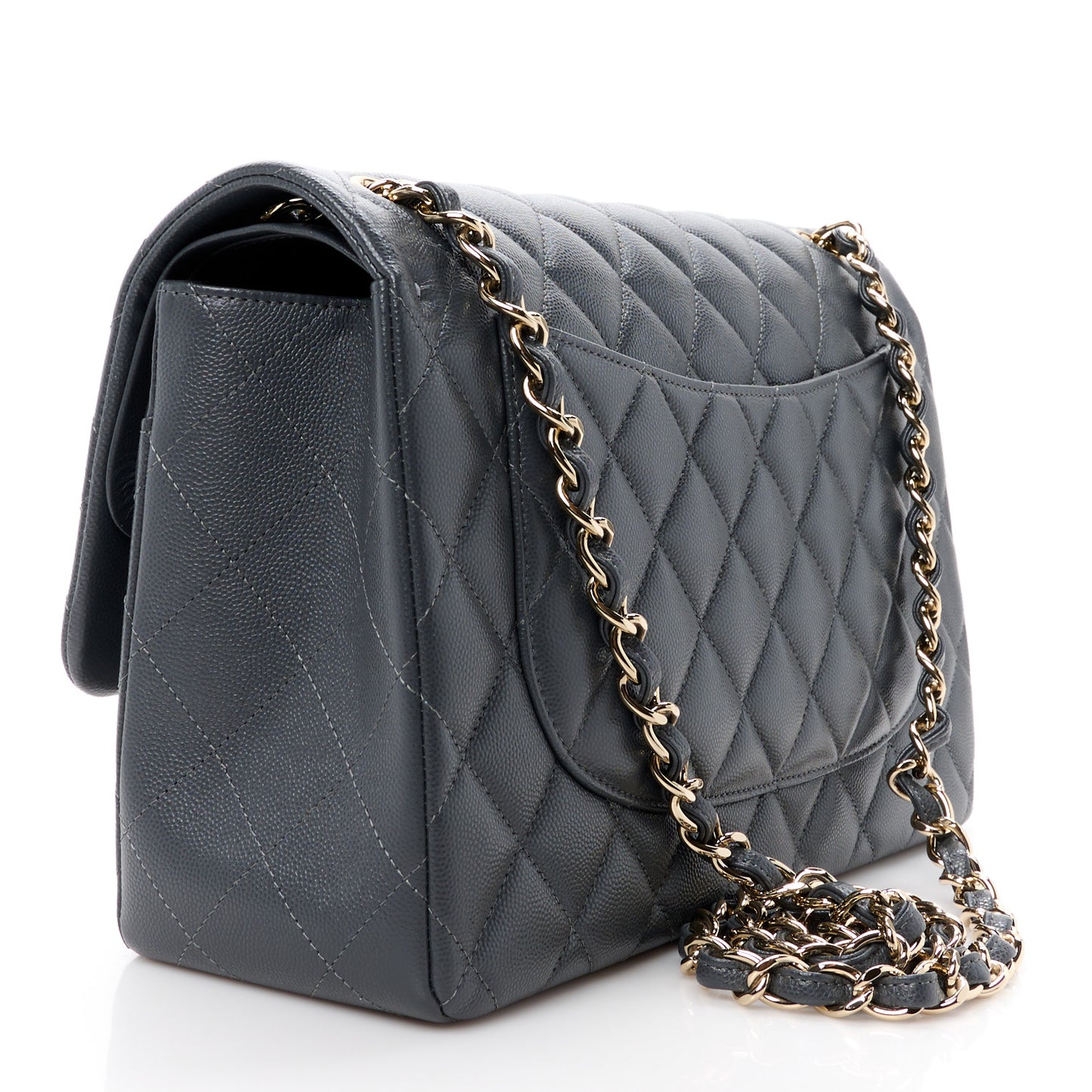 Caviar Quilted Jumbo Double Flap Dark Grey