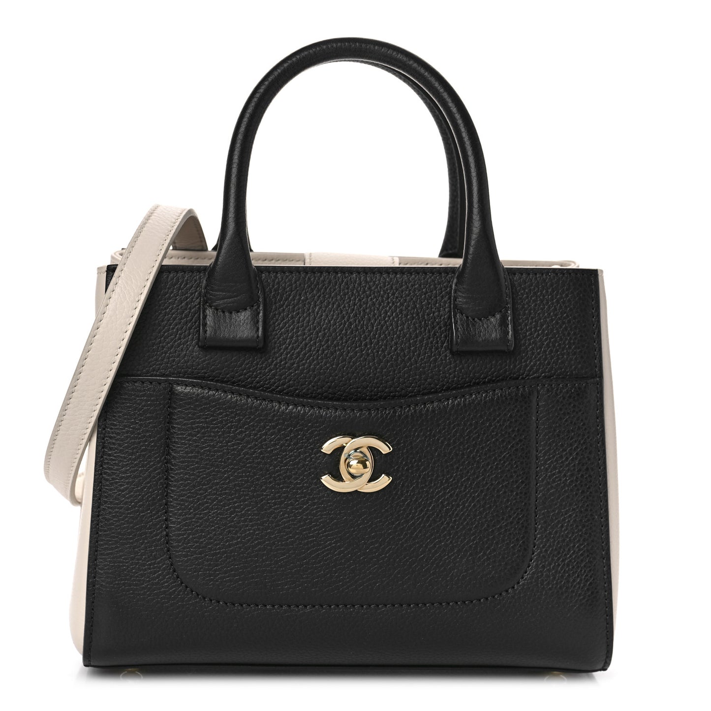 Grained Calfskin Mini Bi-Color Neo Executive Shopper Tote Black Beige