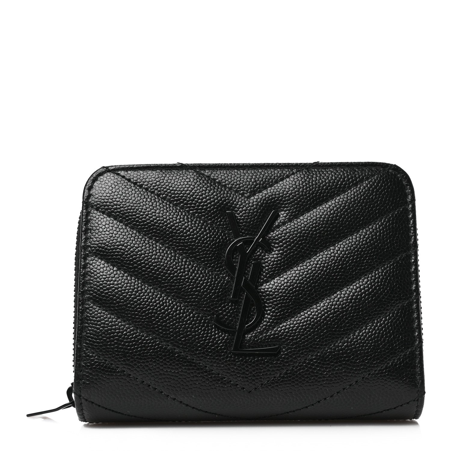 Saint Laurent Grain De Poudre Matelasse Chevron Monogram Monochrome Compact Zip Around Wallet Black 1 of 6