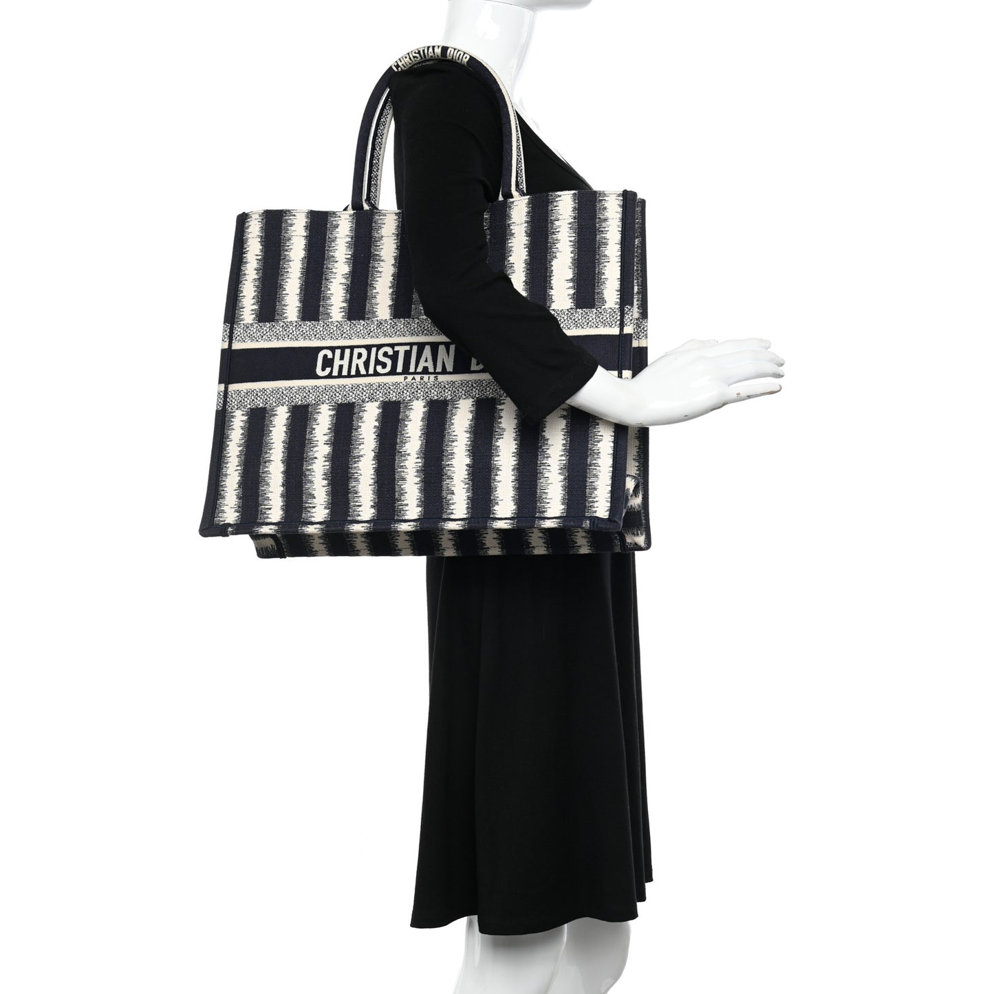 Canvas Embroidered Large Striped Book Tote Navy
