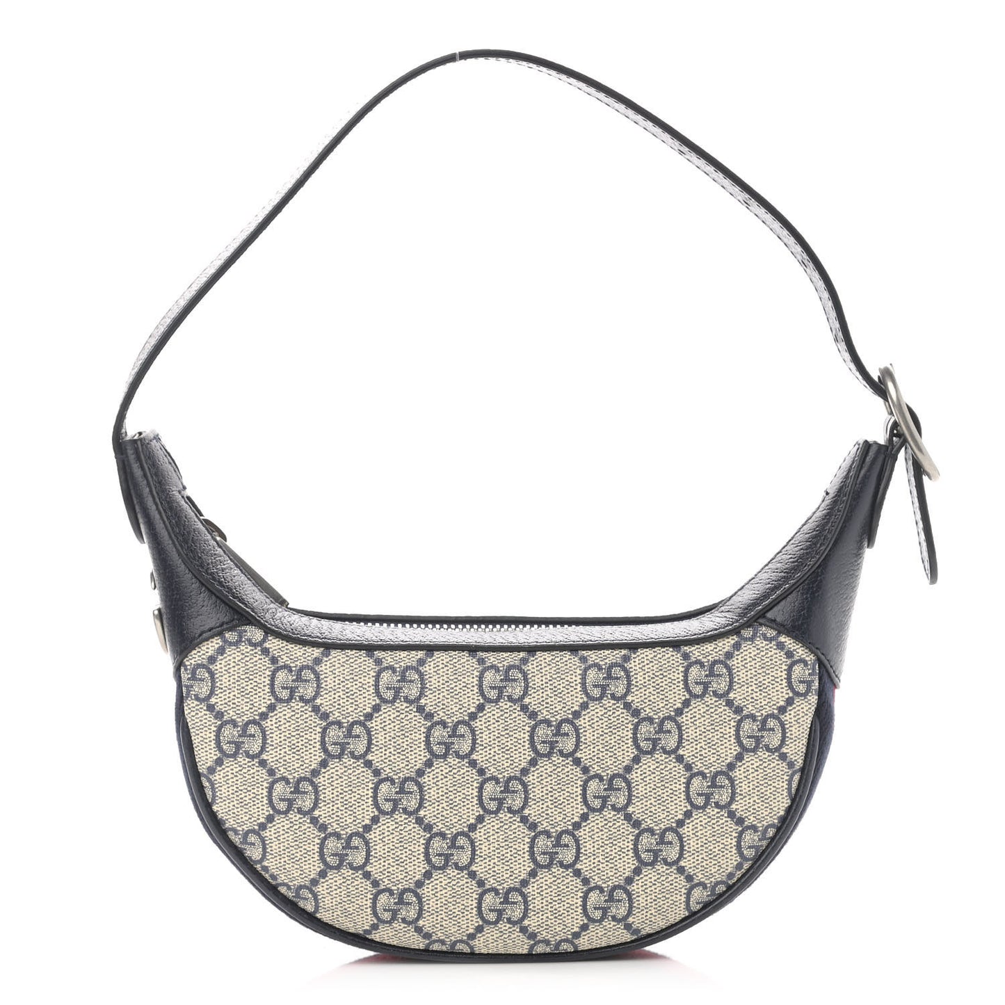 GG Supreme Monogram Textured Dollar Calfskin Web Mini Ophidia Half Moon Hobo Beige Blue