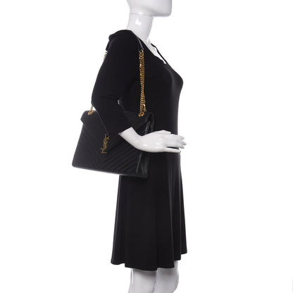 Saint Laurent Grain De Poudre Matelasse Chevron Large Monogram Satchel Black 2 of 11