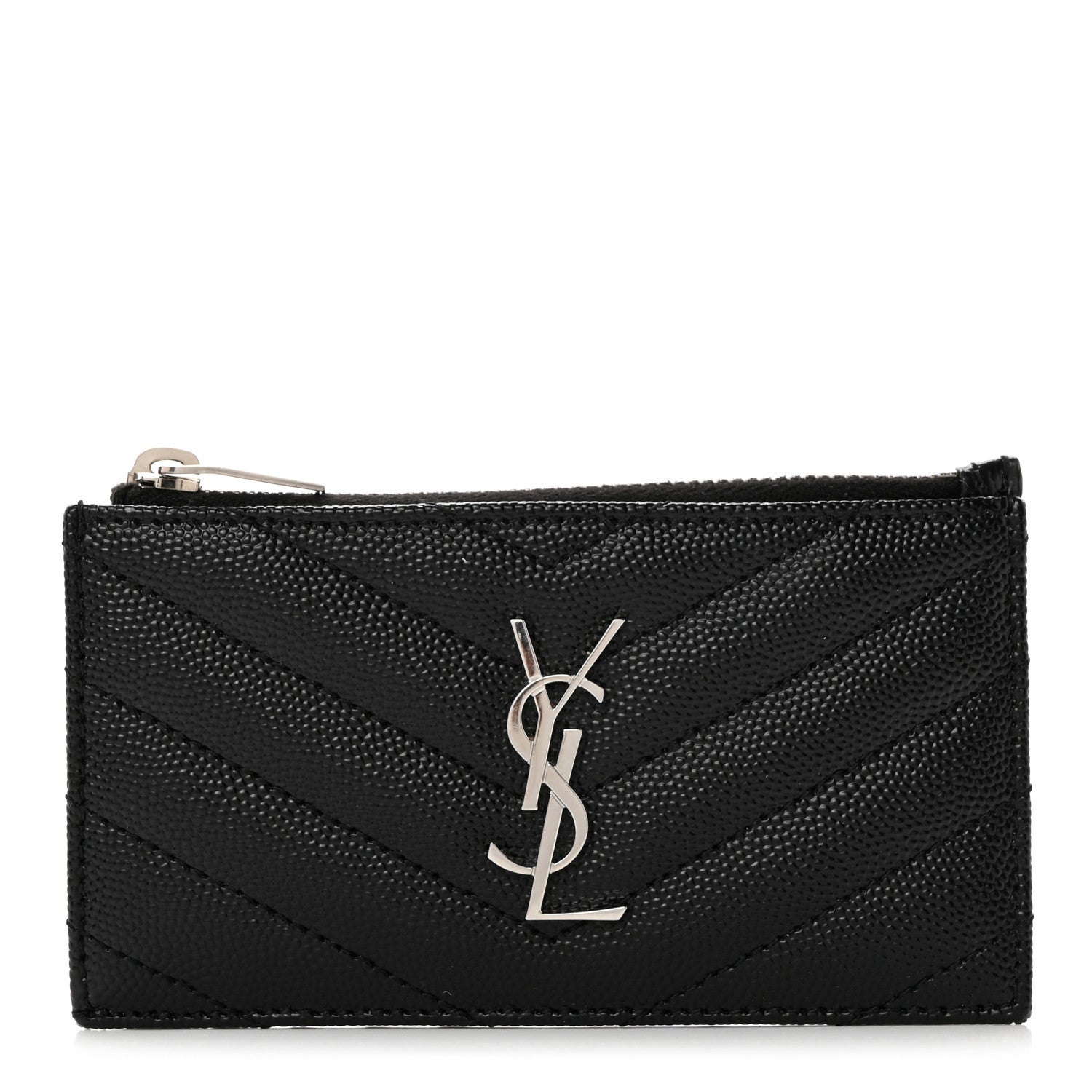 Saint Laurent Grain De Poudre Matelasse Chevron Monogram Fragments Zippered Card Case Black 1 of 8