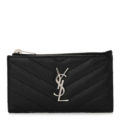 Saint Laurent Grain De Poudre Matelasse Chevron Monogram Fragments Zippered Card Case Black 1 of 8