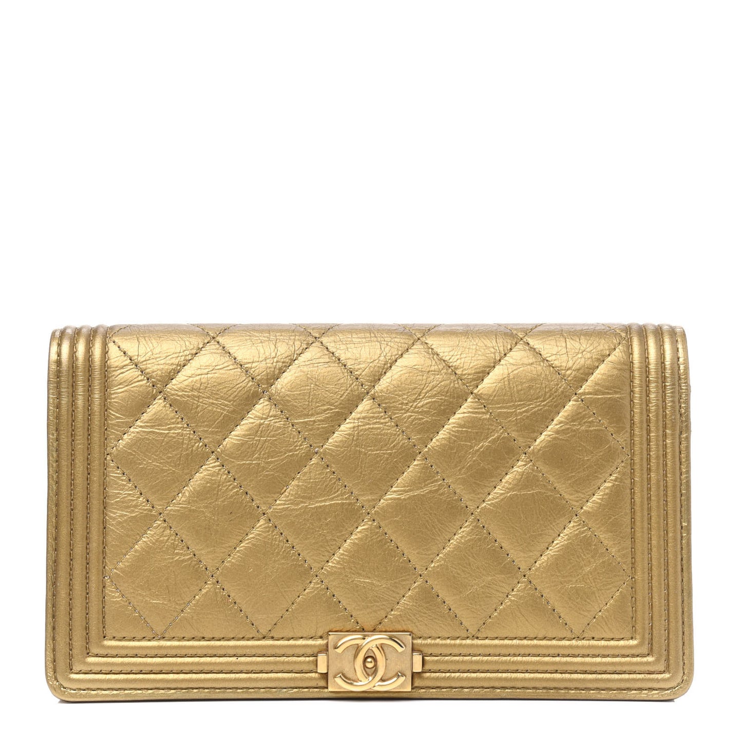 Metallic Aged Calfskin Quilted Boy Yen Wallet Gold
