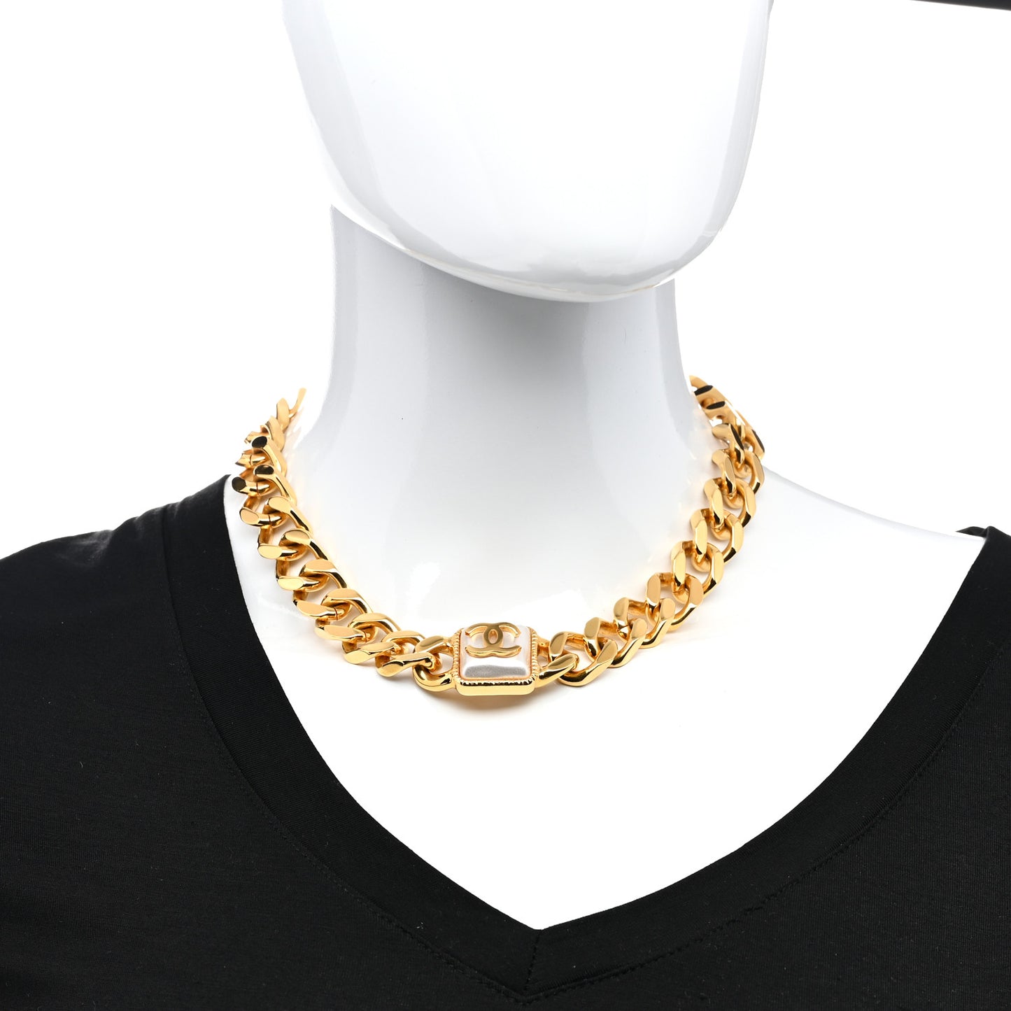 Pearl CC Chain Link Choker Necklace Gold