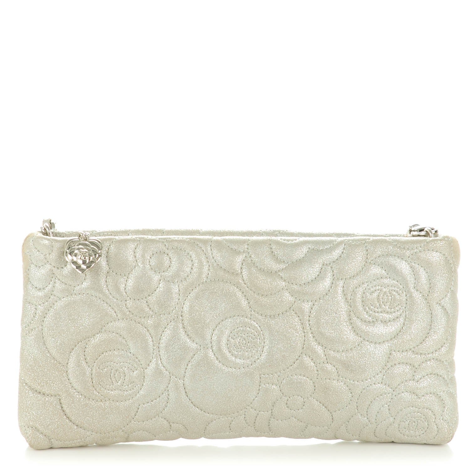 Chanel Metallic Goatskin Camellia Stitched Shoulder Bag Silver 1 of 8