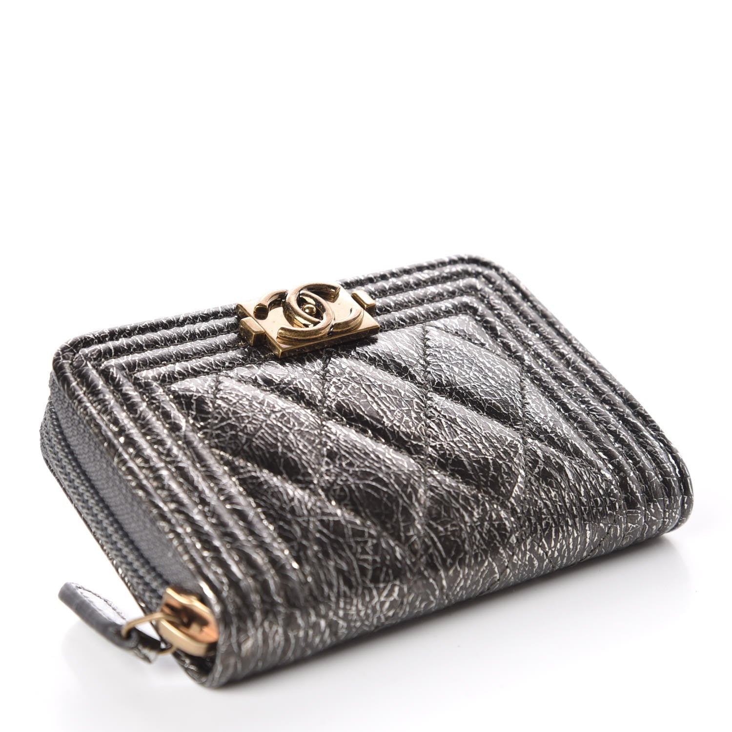 Chanel Cracked Metallic Calfskin Quilted Boy Zip Around Coin Purse Wallet Dark Silver 4 of 10