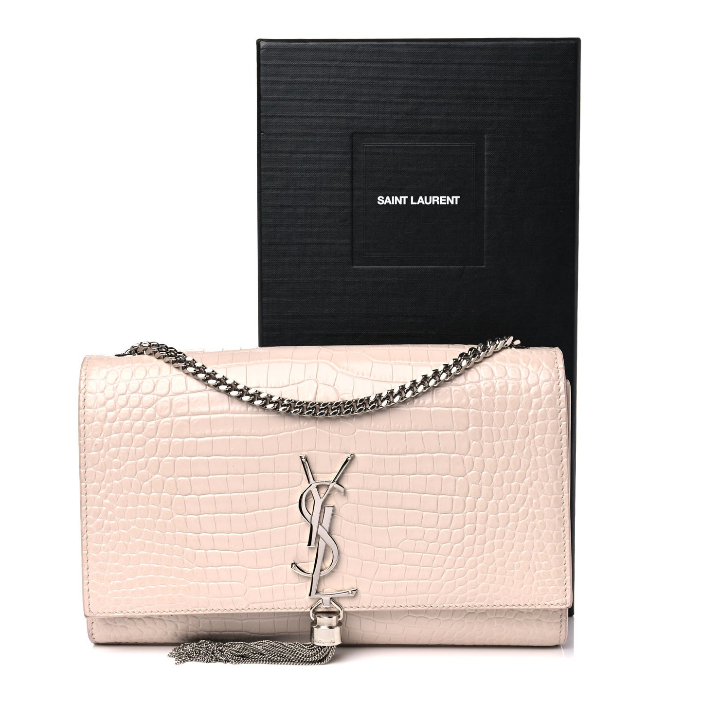 Calfskin Crocodile Embossed Medium Classic Monogram Kate Tassel Satchel Powder Pink