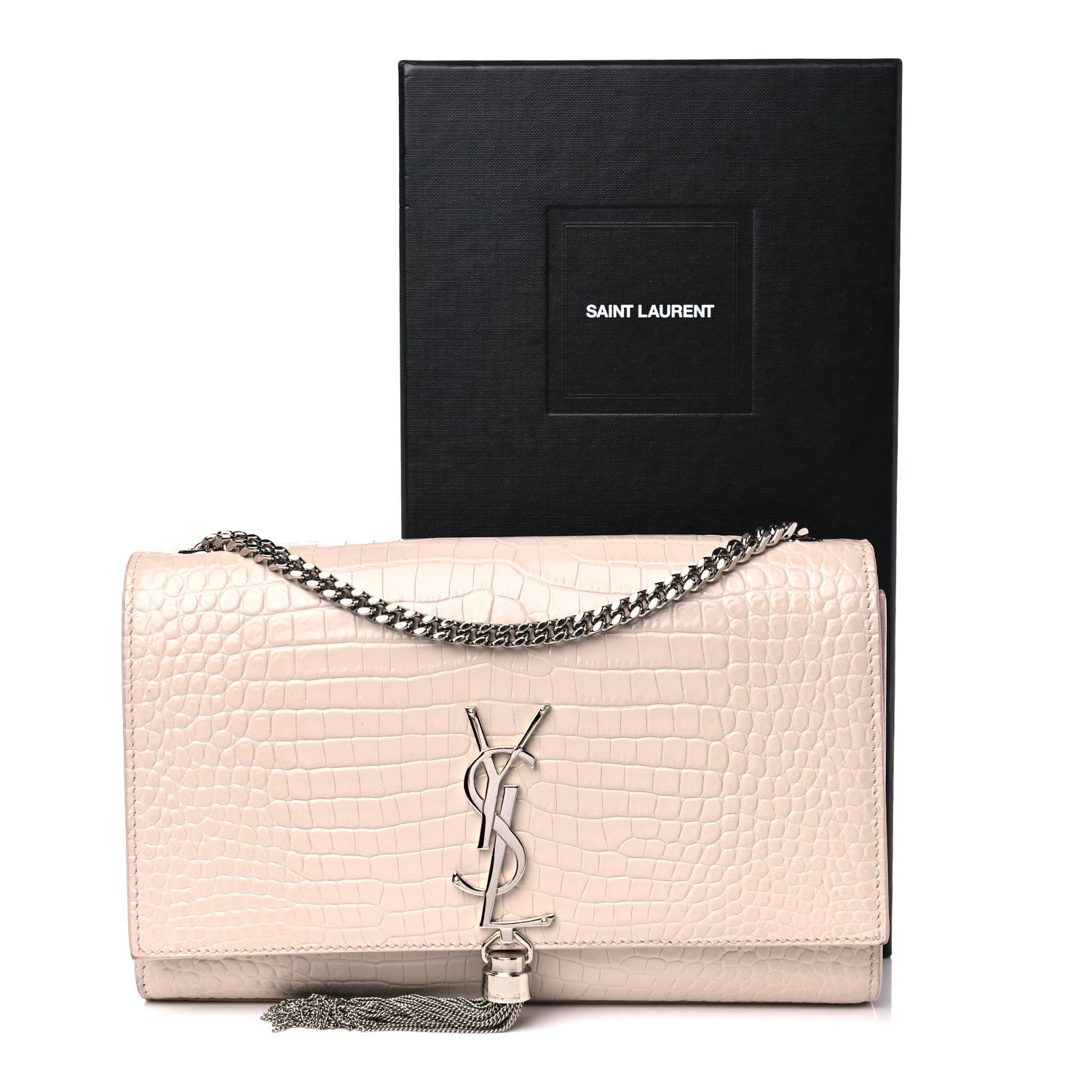 Saint Laurent Calfskin Crocodile Embossed Medium Classic Monogram Kate Tassel Satchel Powder Pink 16 of 16