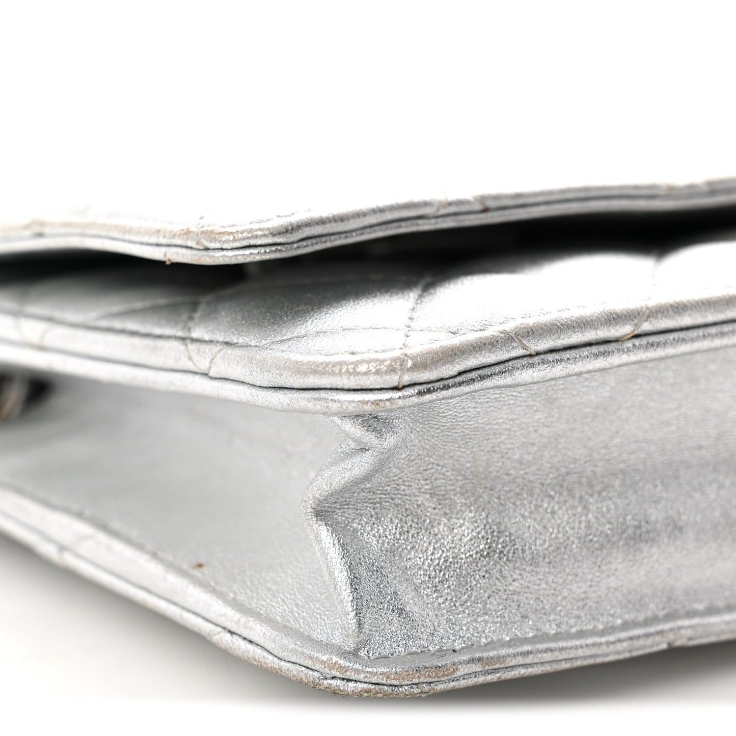 Metallic Lambskin Quilted Wallet On Chain WOC Silver Gold