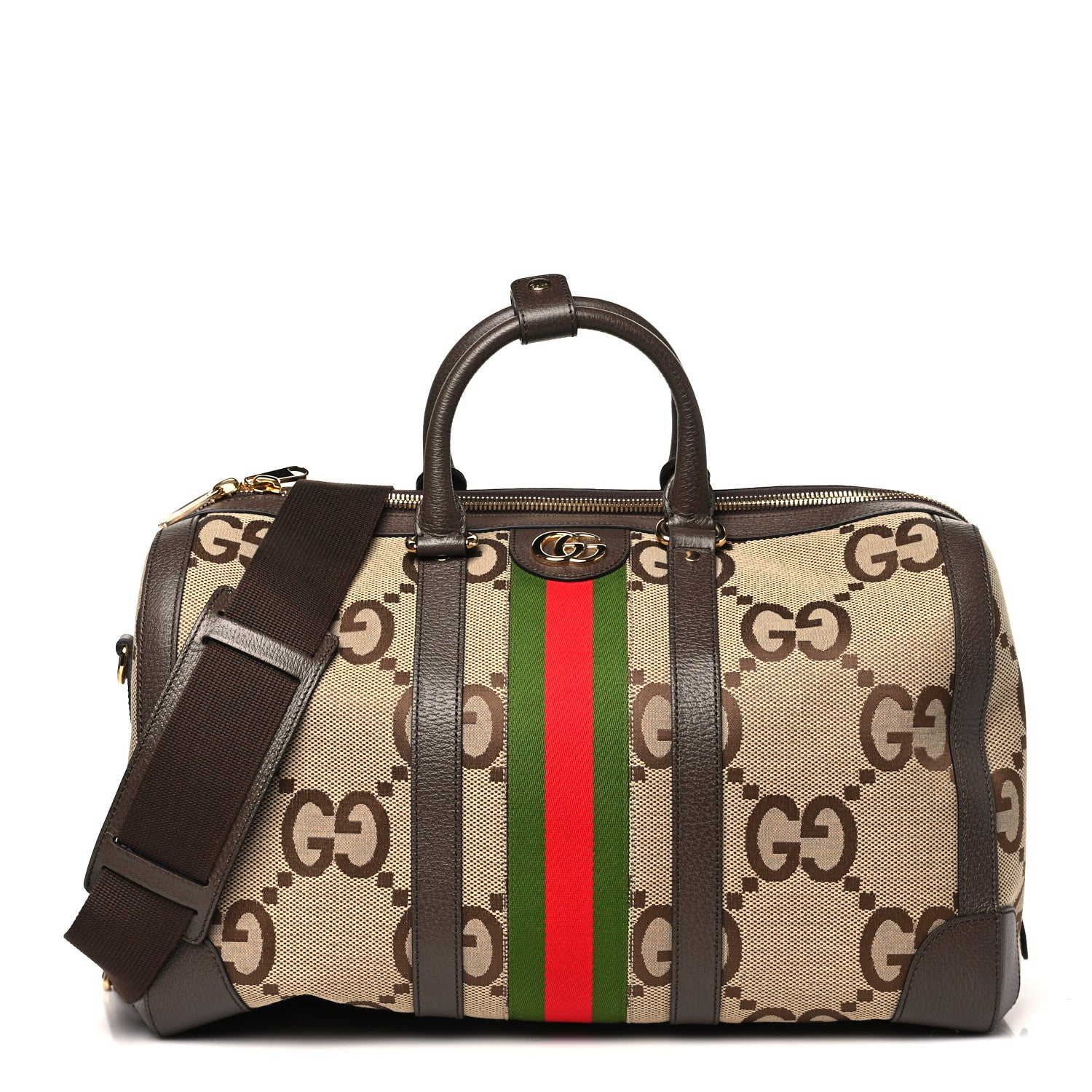Gucci Monogram Jumbo GG Textured Dollar Calfskin Web Large Duffle Bag Camel Ebony 1 of 10