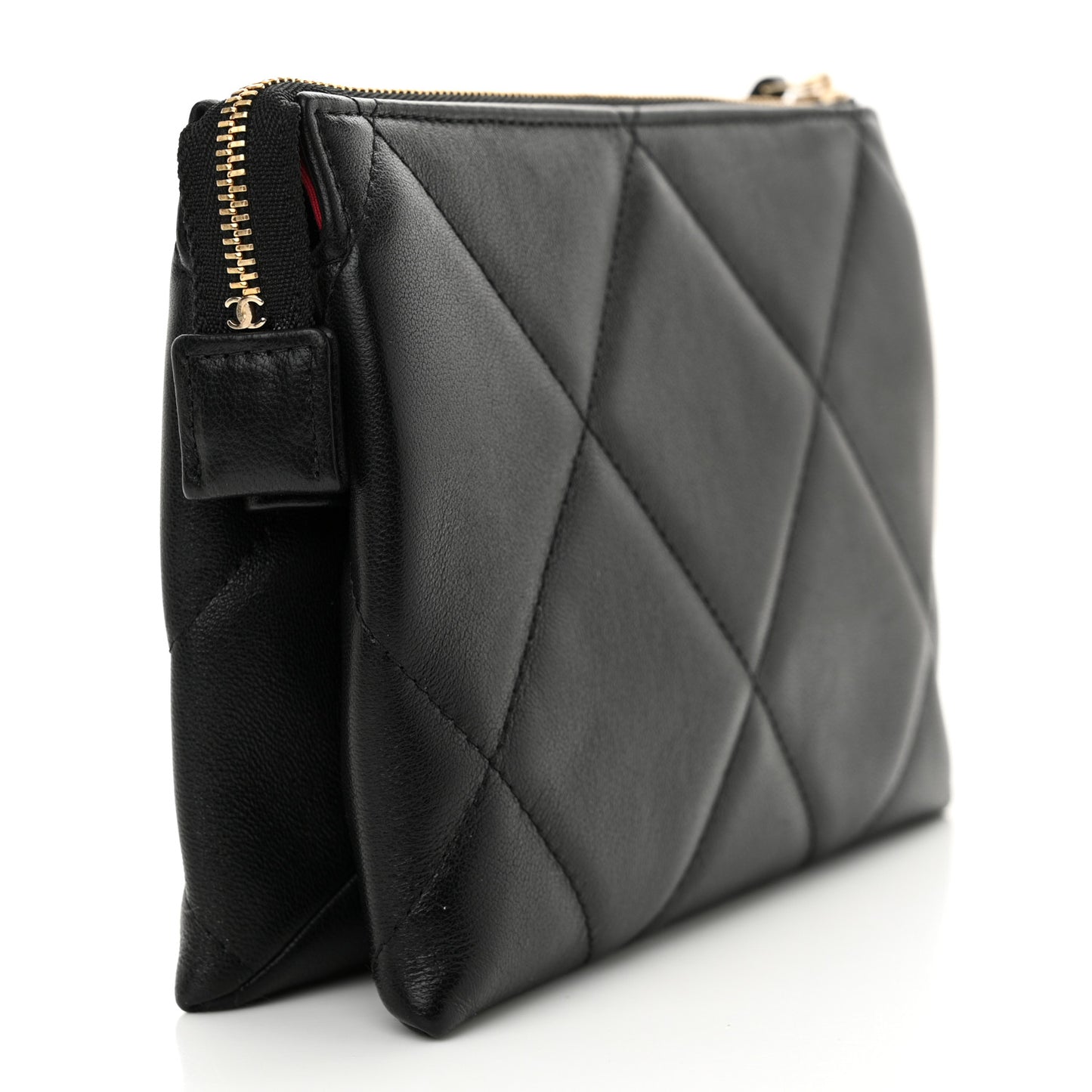 Shiny Goatskin Quilted Small Chanel 19 Pouch With Handle Black