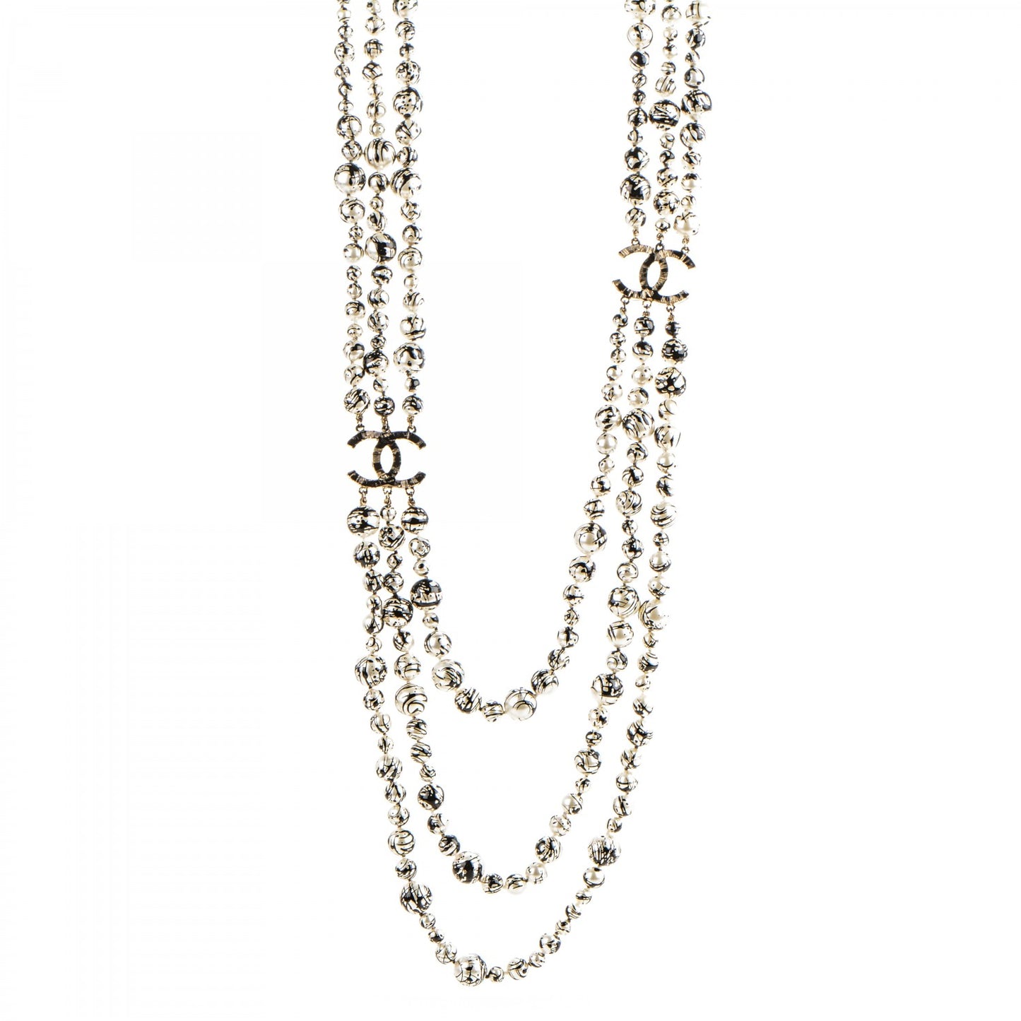 Pearl CC Graffiti 3 Strand Long Necklace Black Gold