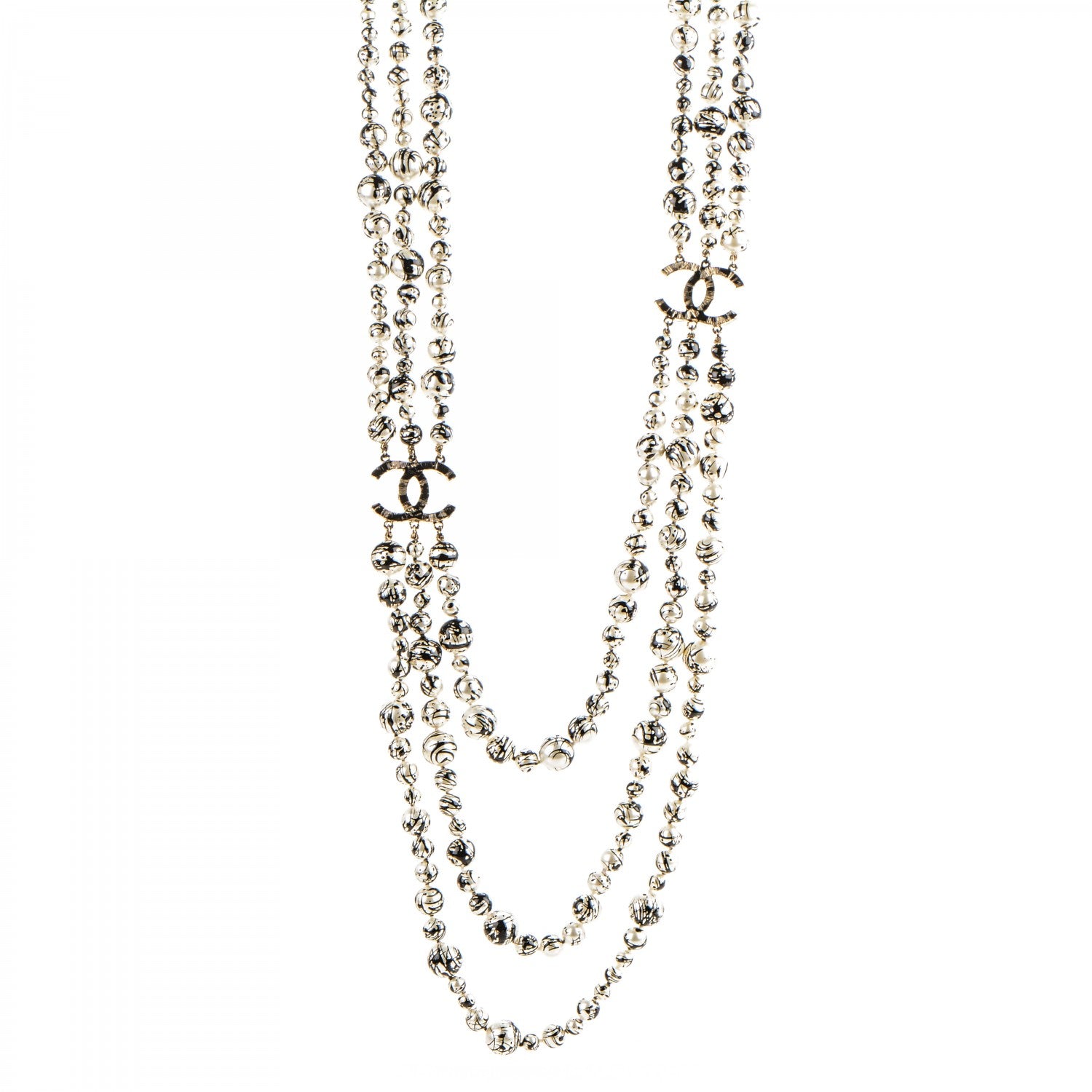 Chanel Pearl CC Graffiti 3 Strand Long Necklace Black Gold 1 of 9