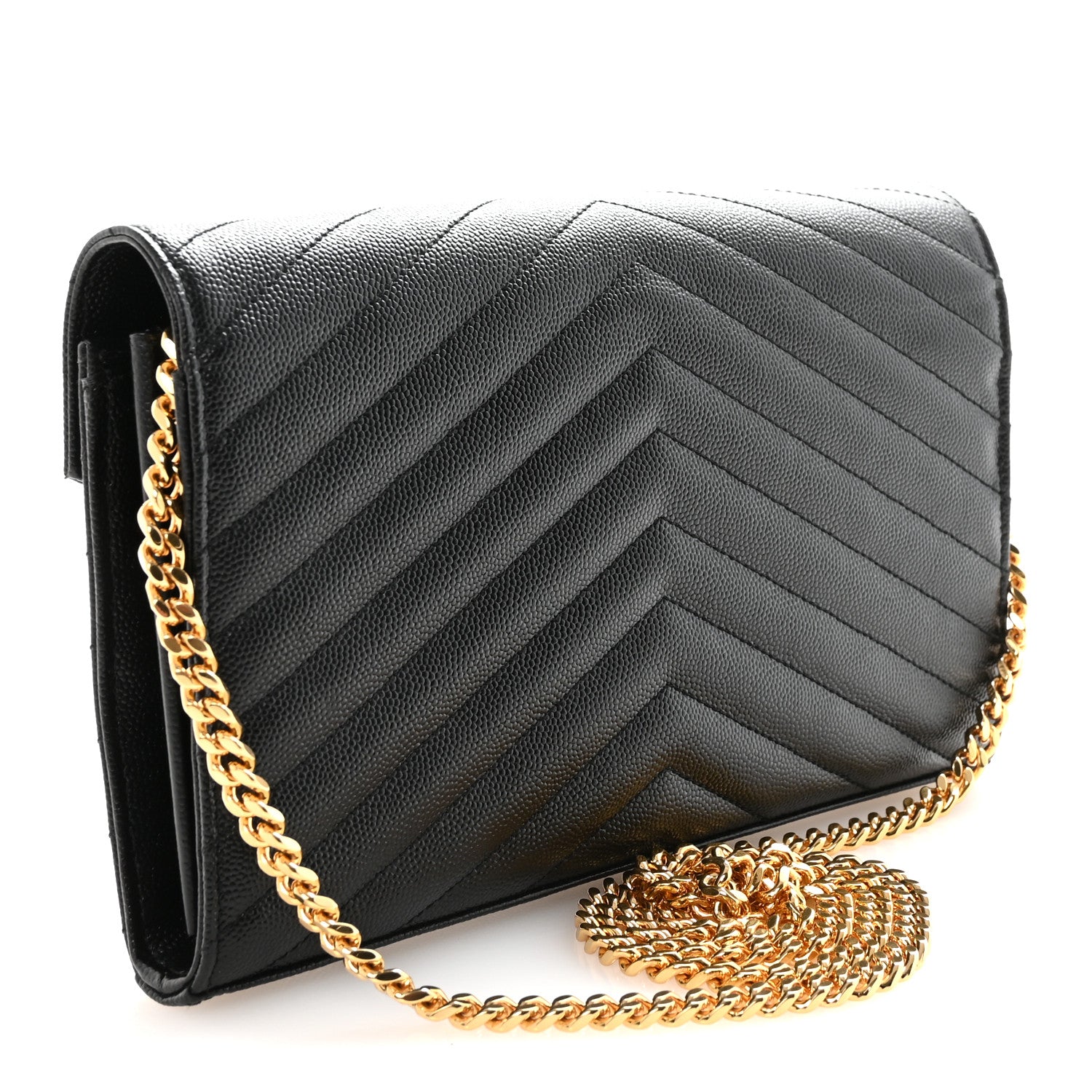Saint Laurent Grain De Poudre Matelasse Chevron Monogram Chain Wallet Black 3 of 10