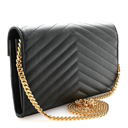 Saint Laurent Grain De Poudre Matelasse Chevron Monogram Chain Wallet Black 3 of 10
