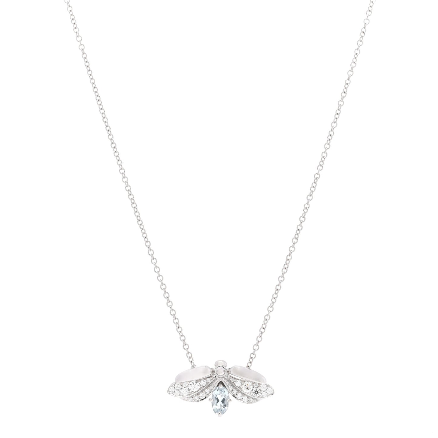 Platinum Diamond Aquamarine Paper Flowers Firefly Pendant Necklace