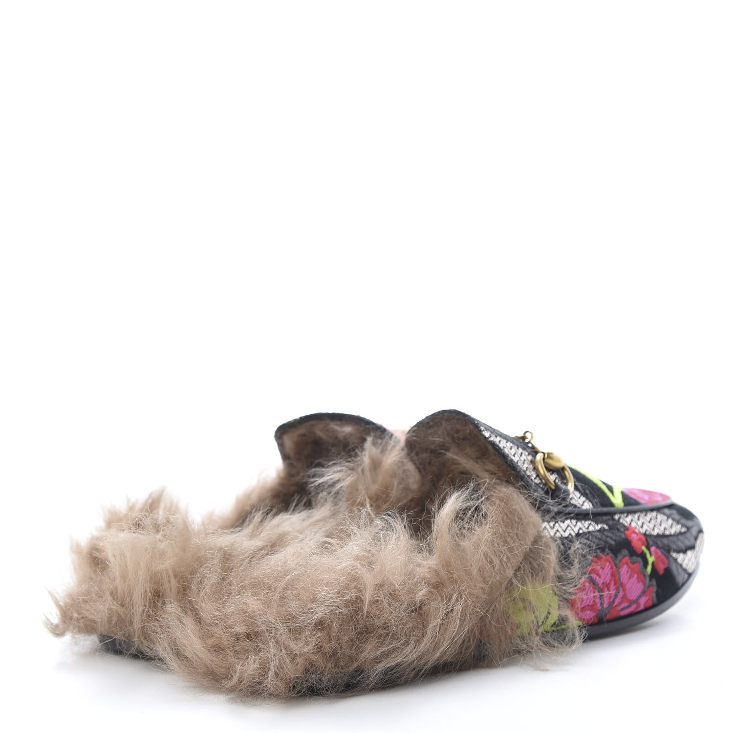 Gucci Brocade Fur Floral Womens Princetown Slippers 36 Black Anthracite 4 of 8