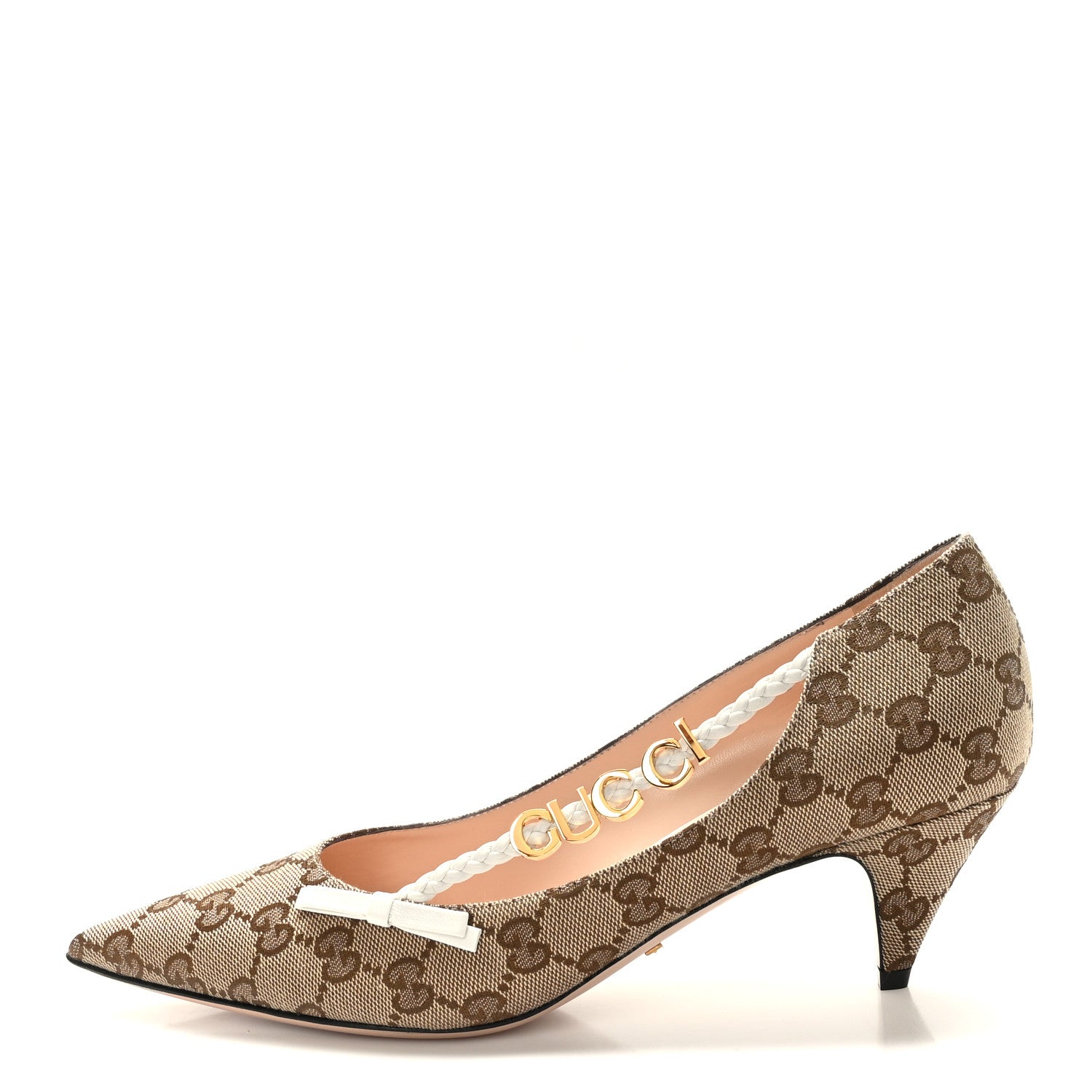 Gucci Monogram Malaga Kid Script Logo Bow 55mm Pumps 39.5 Beige Ebony Great White 1 of 7