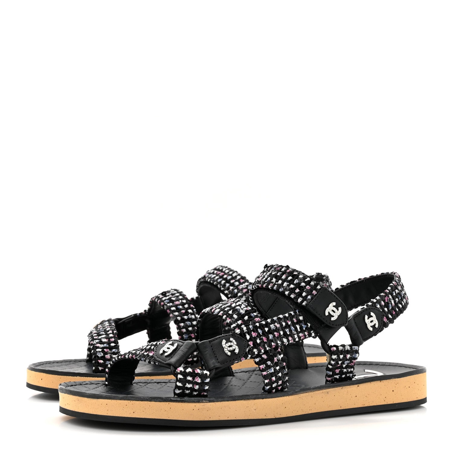 Chanel Glittered Tweed Lambskin Dad Sandals 39.5 Black White 3 of 9