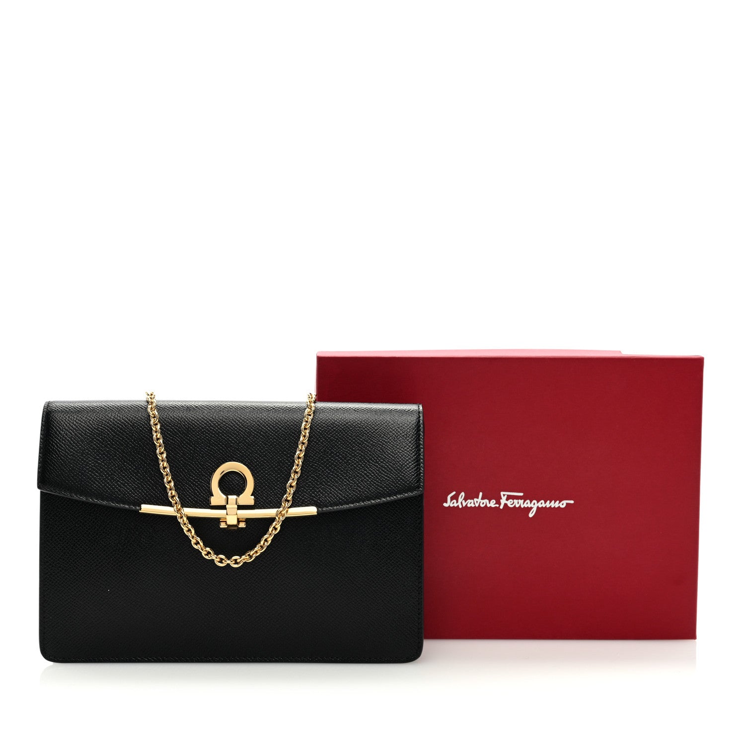 Salvatore Ferragamo Pebbled Calfskin Gancio Wallet On Chain Black 9 of 9