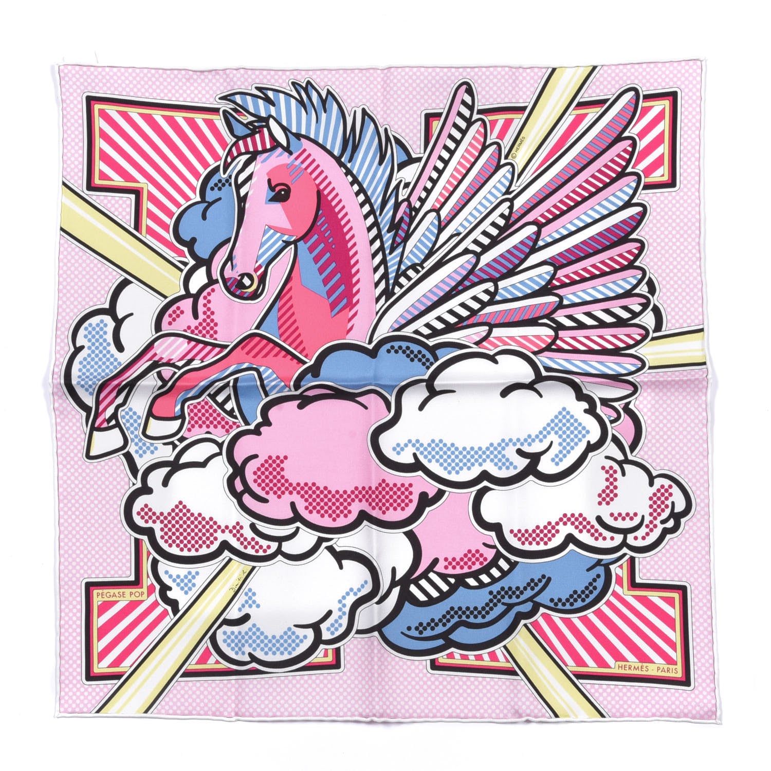 Hermes Silk Pegase Pop Pocket Square Rose Bleu Jean Jaune 1 of 4