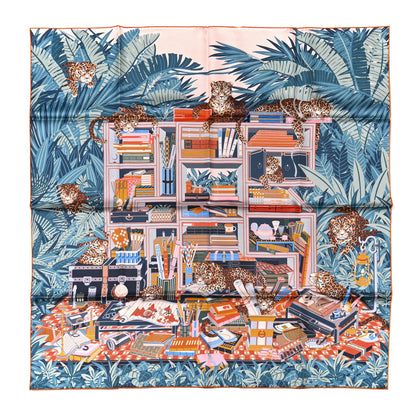 Hermes Silk Les Douze Leopards Double Face Scarf 90 Rose Poudre Ardoise Orange 1 of 5