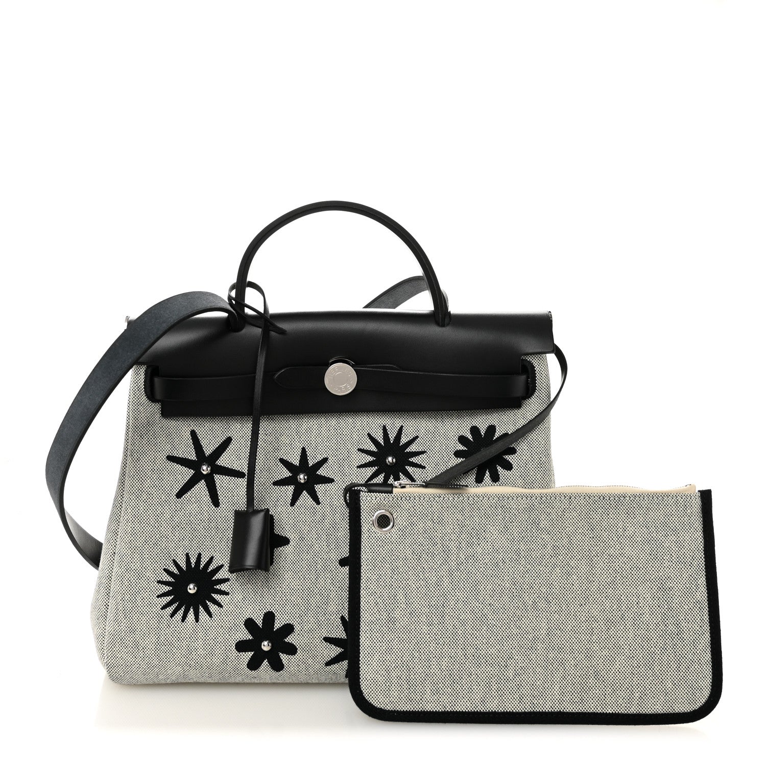 Hermes H Plume Canvas Vache Hunter Circuit Rider Hobnailed Herbag Zip Retourne 31 PM Black Ecru 3 of 11