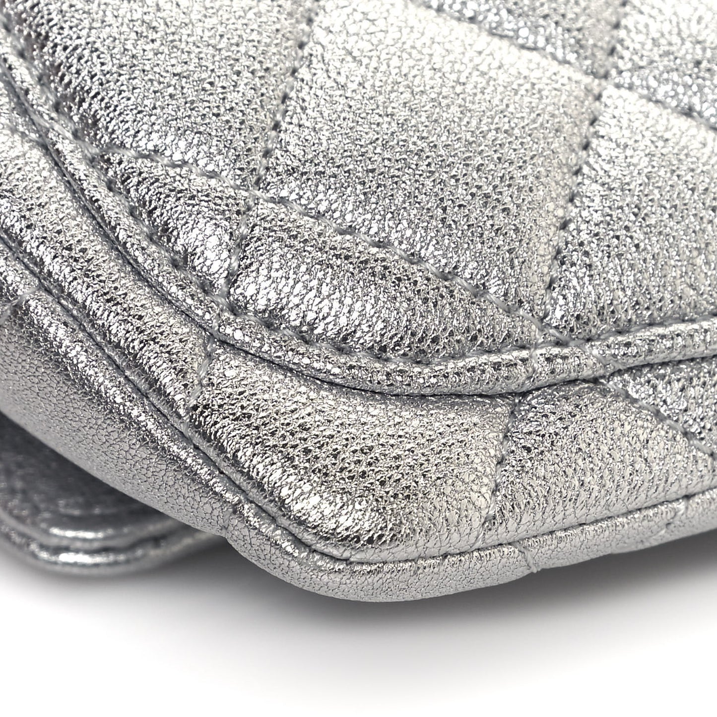 Metallic Lambskin Quilted Glasses Case With Chain Silver