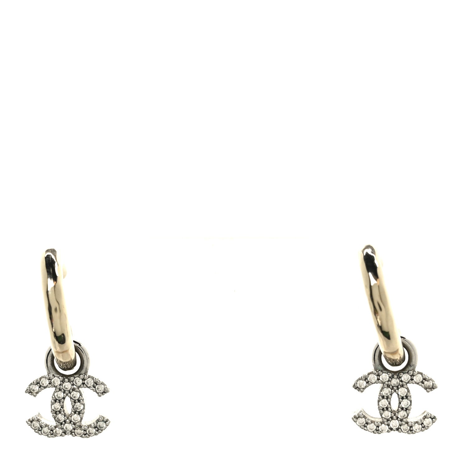 Chanel Metal Crystal Studded CC Hoop Drop Earrings Gold 1 of 5