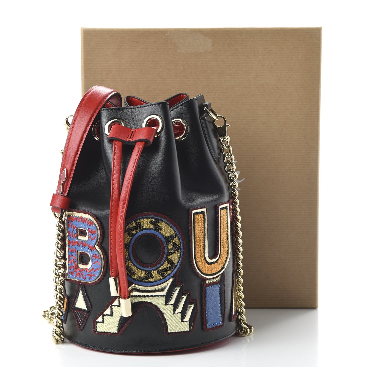 Calfskin Embroidered Alpha Marie Jane Bucket Black Multicolor