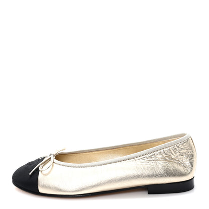 Chanel Metallic Laminated Lambskin Grosgrain CC Cap Toe Ballerina Flats 39 Light Gold Black 1 of 10