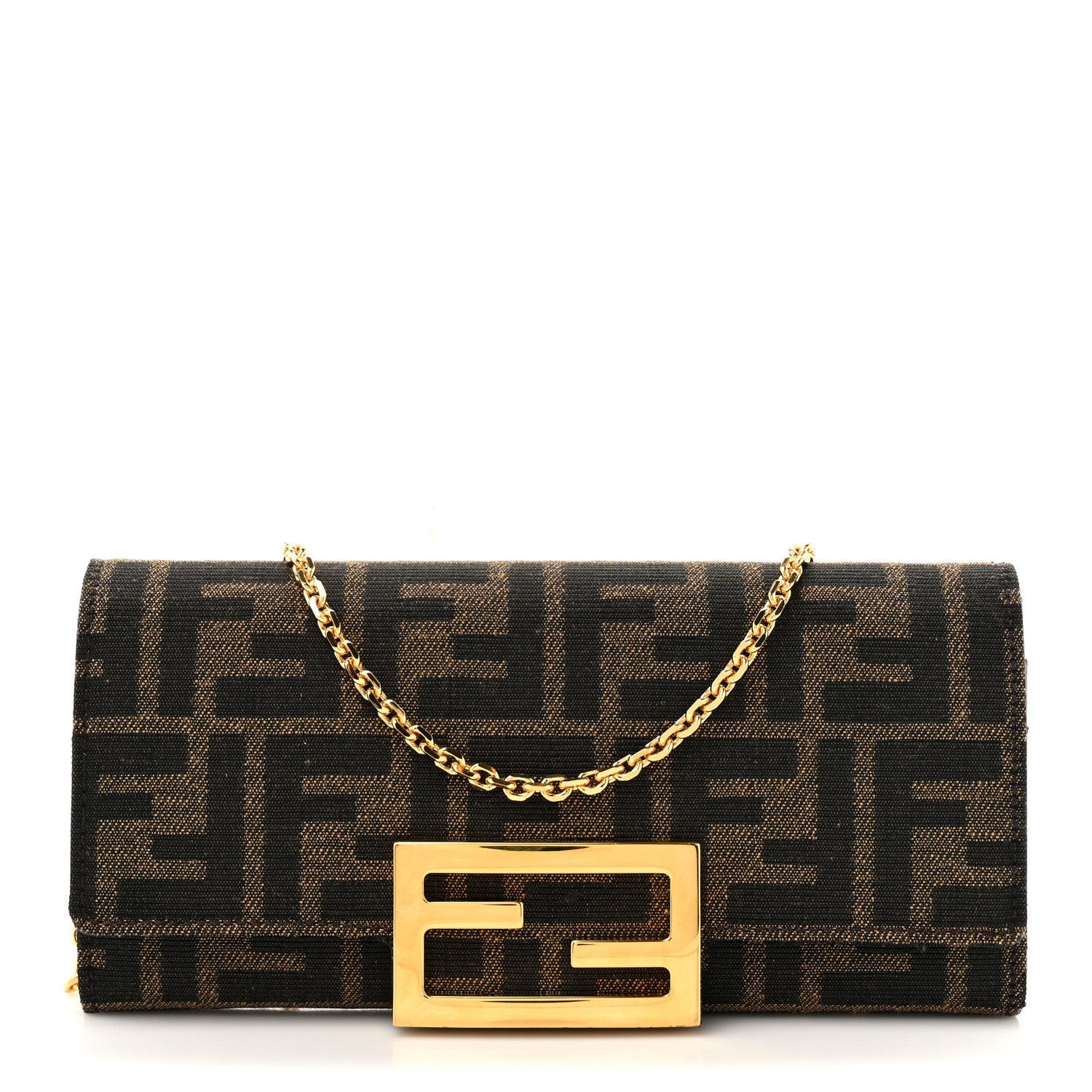 Fendi Fabric Jacquard FF 1974 Continental Wallet On Chain Tobacco Moro 1 of 13