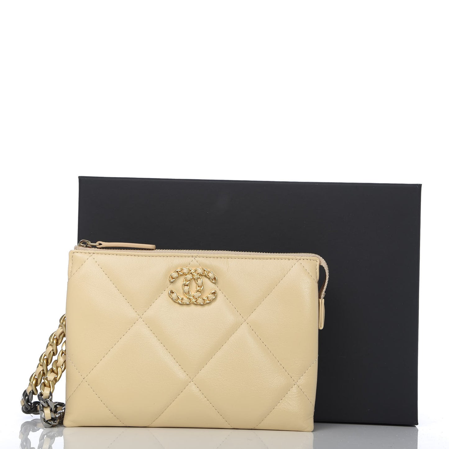 Shiny Goatskin Quilted 19 Small Pouch With Handle Beige