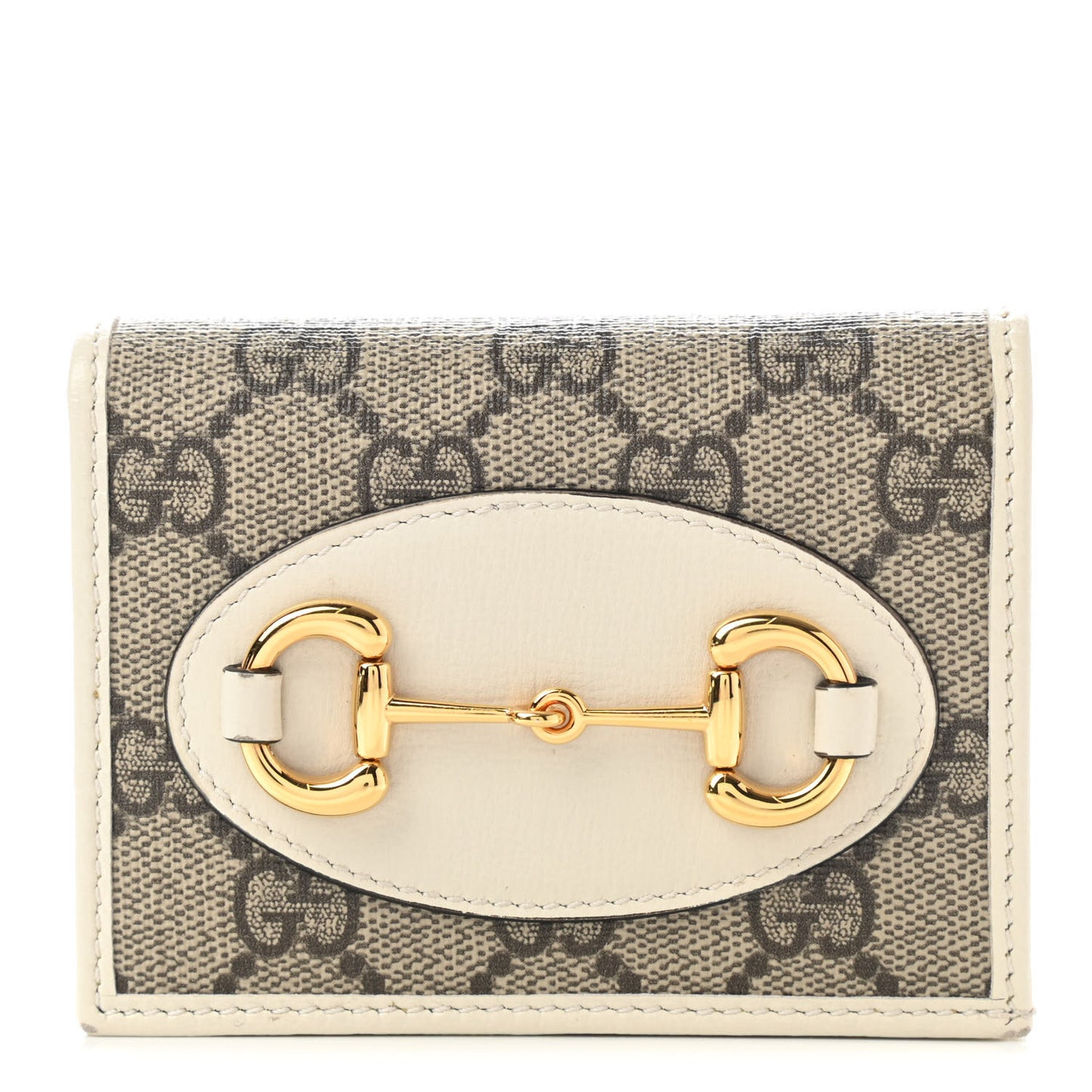 GG Supreme Monogram Azalea Calfskin Horsebit 1955 Card Case Wallet Beige Ebony Mystic White