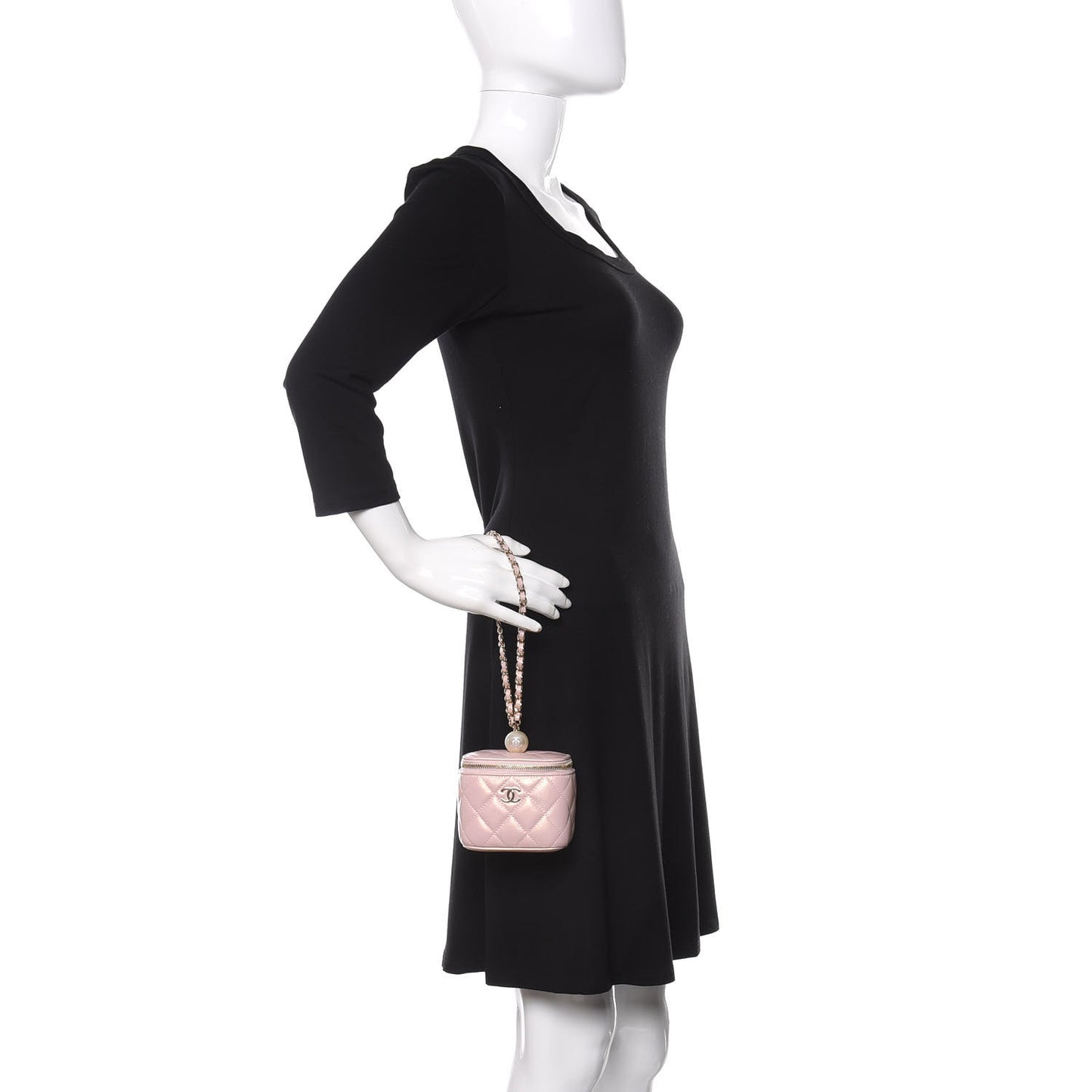 Iridescent Caviar Quilted Mini Pearl On Top Vanity Case With Chain Light Pink