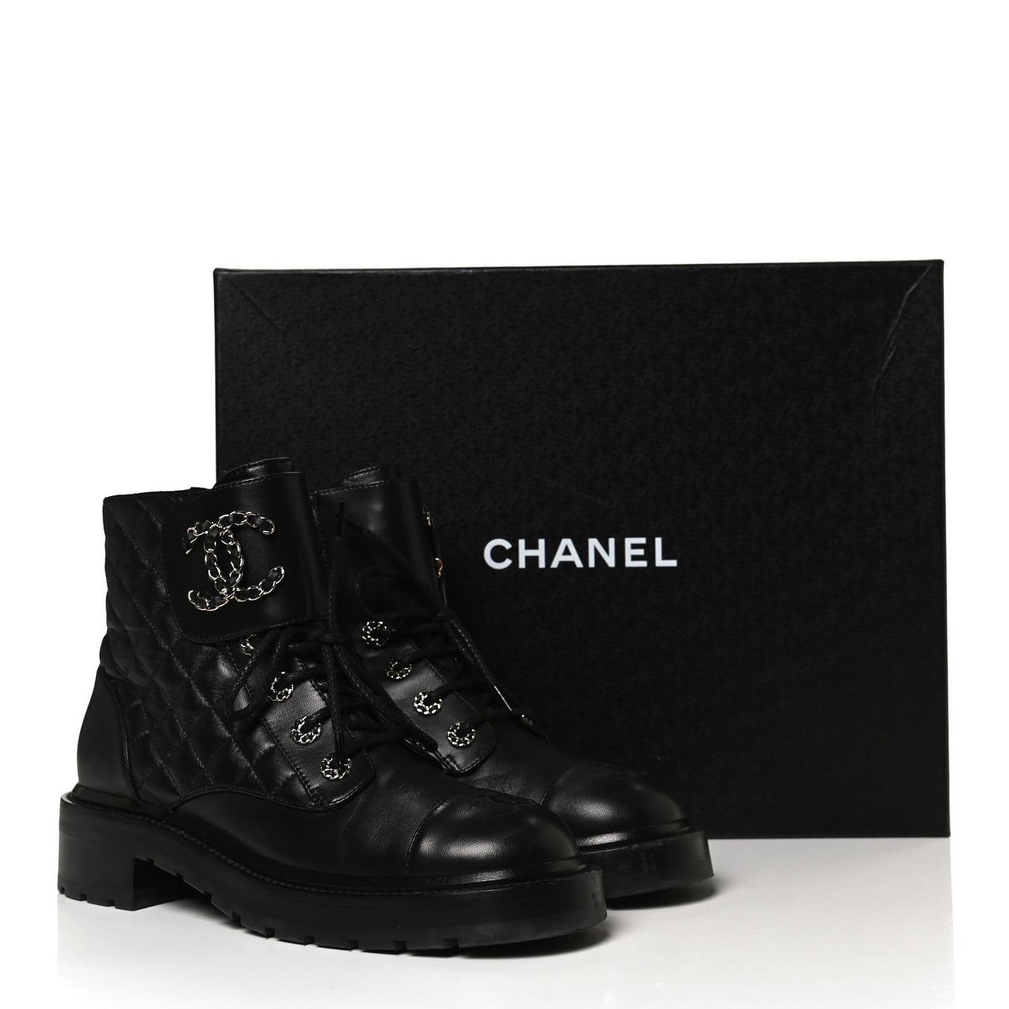 Shiny Lambskin Quilted Lace Up Combat Boots 38.5 Black