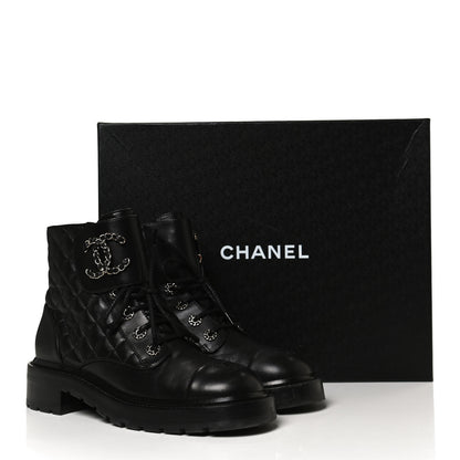 Chanel Shiny Lambskin Quilted Lace Up Combat Boots 38.5 Black 13 of 14