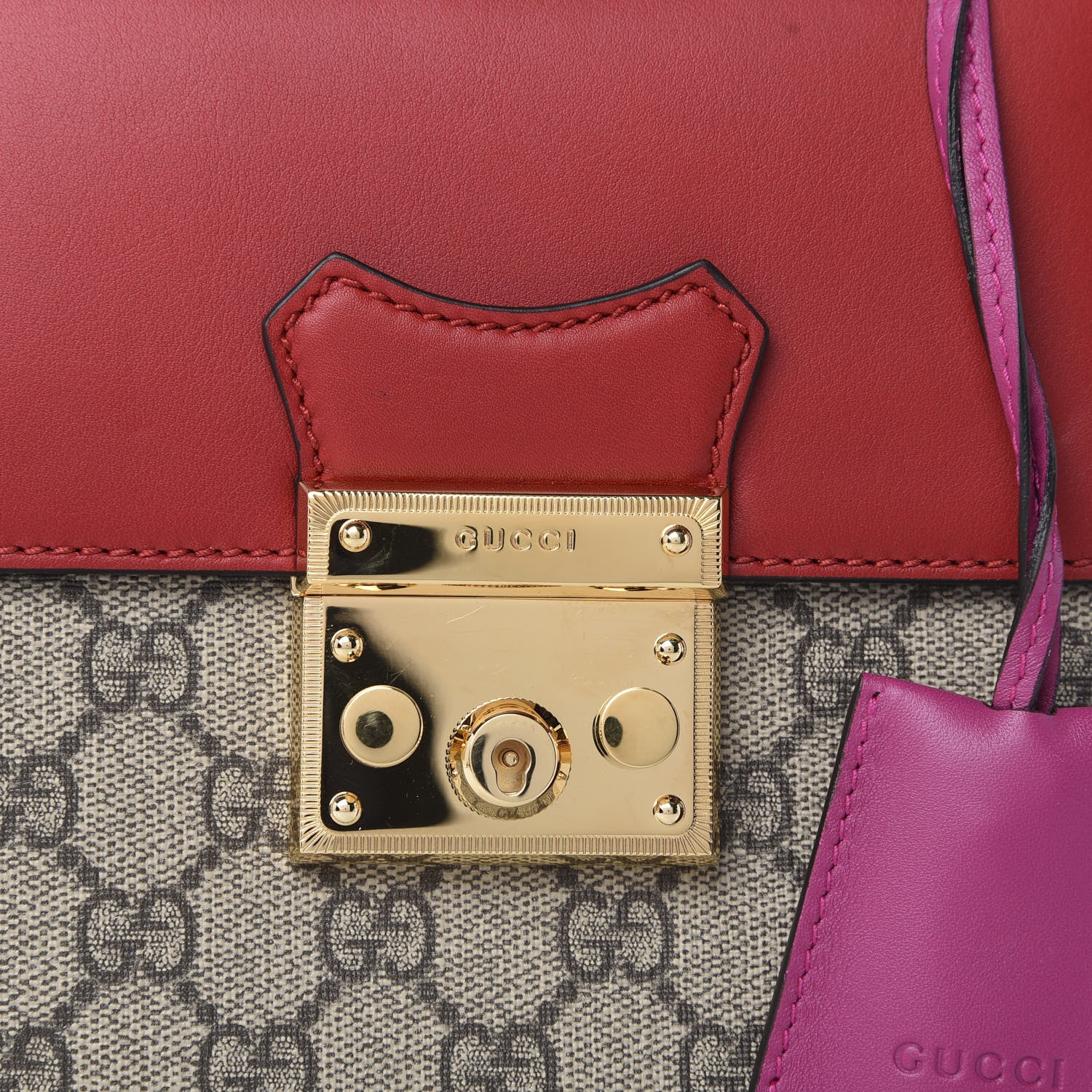 Gucci GG Supreme Monogram Calfskin Padlock Backpack Beige Hibiscus Red New Rosette 10 of 13